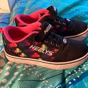 EUC Heelys Dual Up Black + Pink +Rainbow Skating Wheels Shoes Youth 4